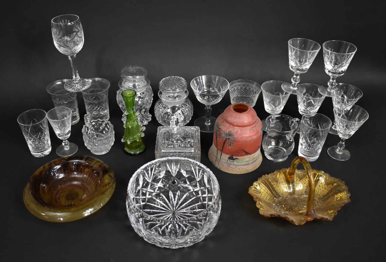 A Collection of Various Coloured and Plain Glassware to comprise Tankards, Small Wines, Lampshade
