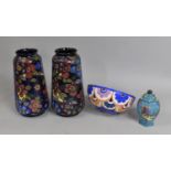 A Pair of Royal Stanley Ware Jacobean Vases decorated with Flowers on Blue Ground together with a