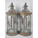 A Pair of Reproduction Victorian Style Copper and Glass Lanterns, 56cms High