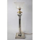 A Silver Plated Corinthian Column Table Lamp with Frosted Cut Glass Shade, 47cms High