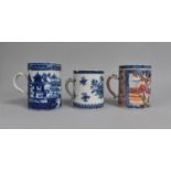 Three 18th Century Chinese Tankards, Two Blue and White Examples and a Mandarin Palette Example with