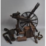 A Vintage Wooden Spinning Wheel in Need of Restoration together with a Metal Magic Lantern (