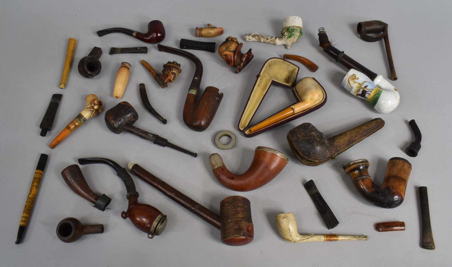 A Large Collection of Vintage Wooden and Ceramic Pipes to Include Silver Mounted Example etc,