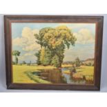 A Large Framed German Print After Franz Frankl, Summer River Scene, 85x63cm