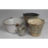 A Collection of Various Galvanised Iron Buckets, Jam Pan and a Small Watering Can