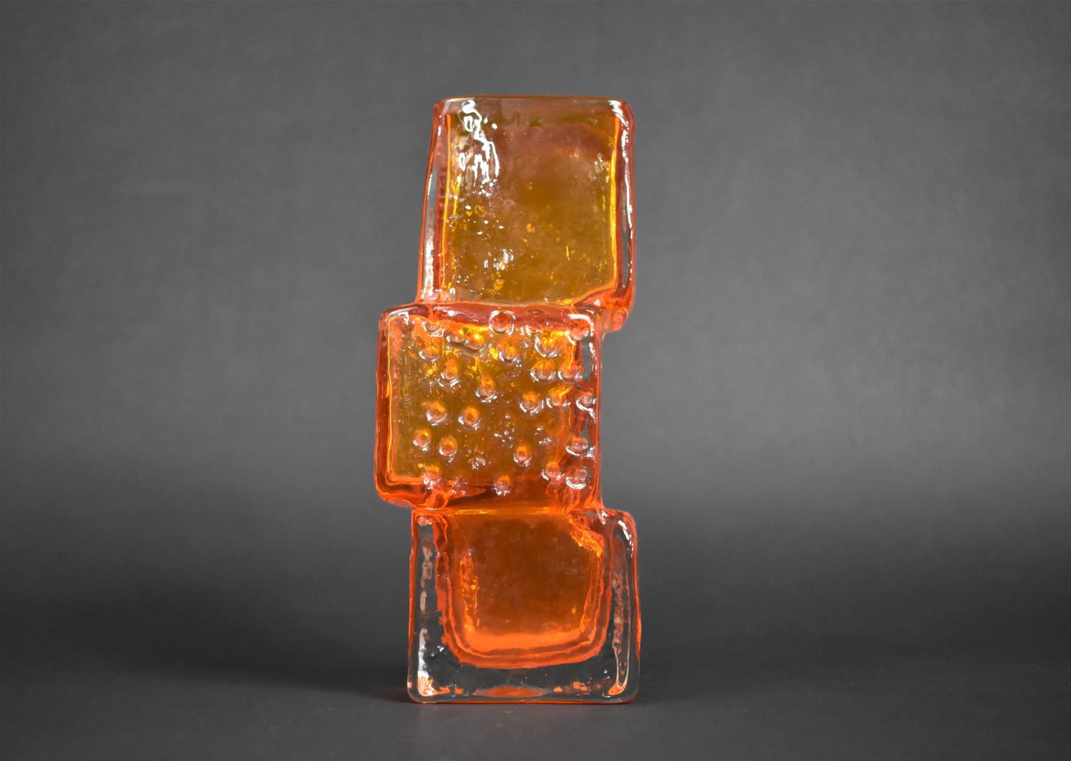 A Whitefriars Tangerine Glass Drunken Bricklayer Textured Vase, no.9673, as Designed by Geoffrey