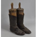 A Pair of Vintage Leather Riding Boots with Wooden Trees, Wormed, 48cms High, Condition Issues to