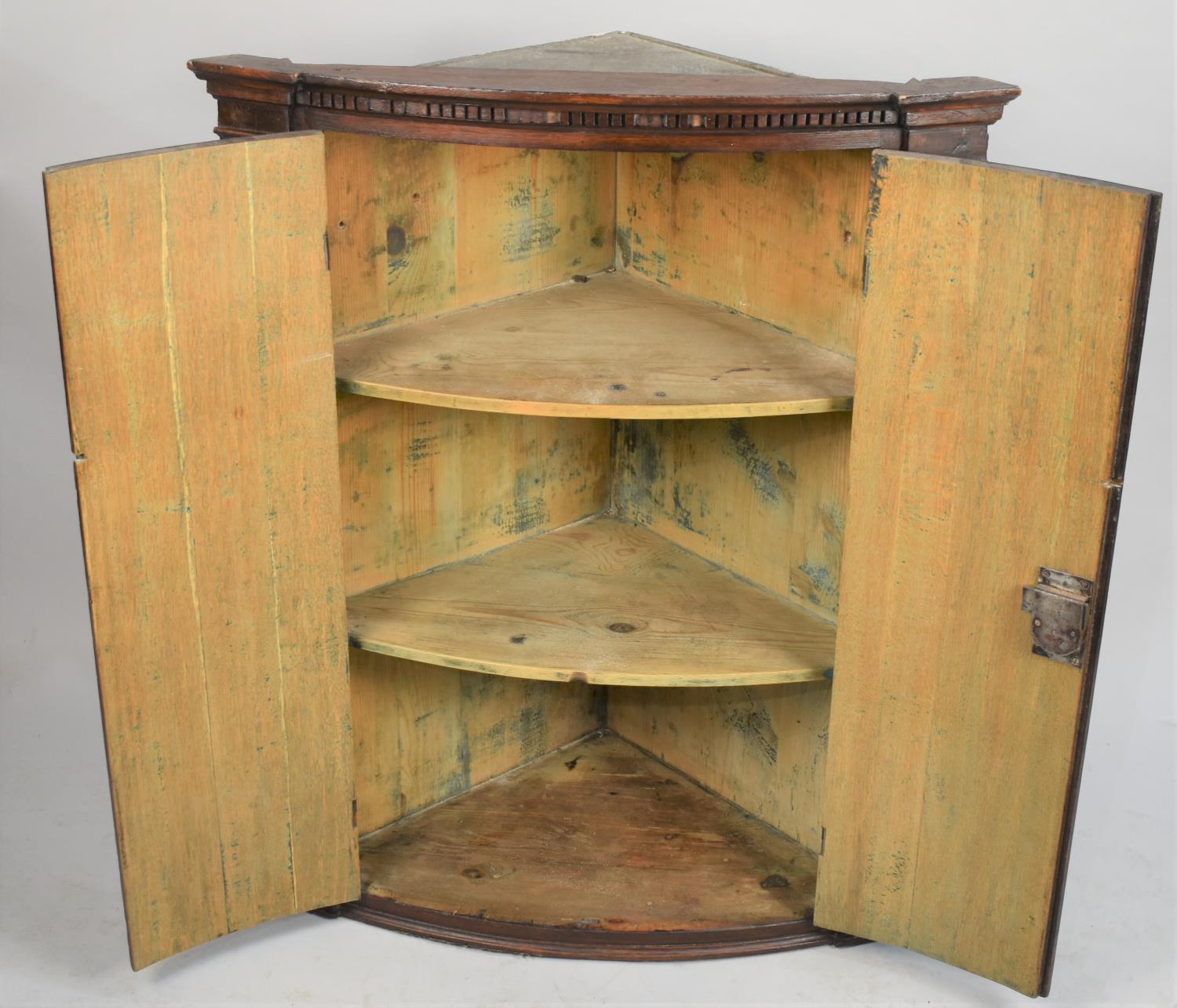 A Late 19th Century Oak Bow Fronted Wall Hanging Corner Cabinet with Shelved Interior and Dentil - Image 2 of 2