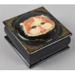 A Russian Lacquered Square Box, Hinged Lid Decorated with Cat, Signed, 6.5cms Square