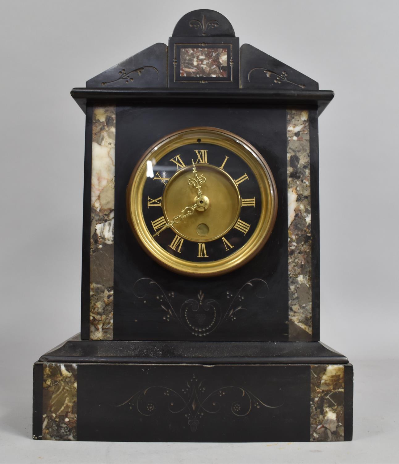 A Late Victorian French Black Slate and Marble Mantel Clock of Architectural Form, Movement Now