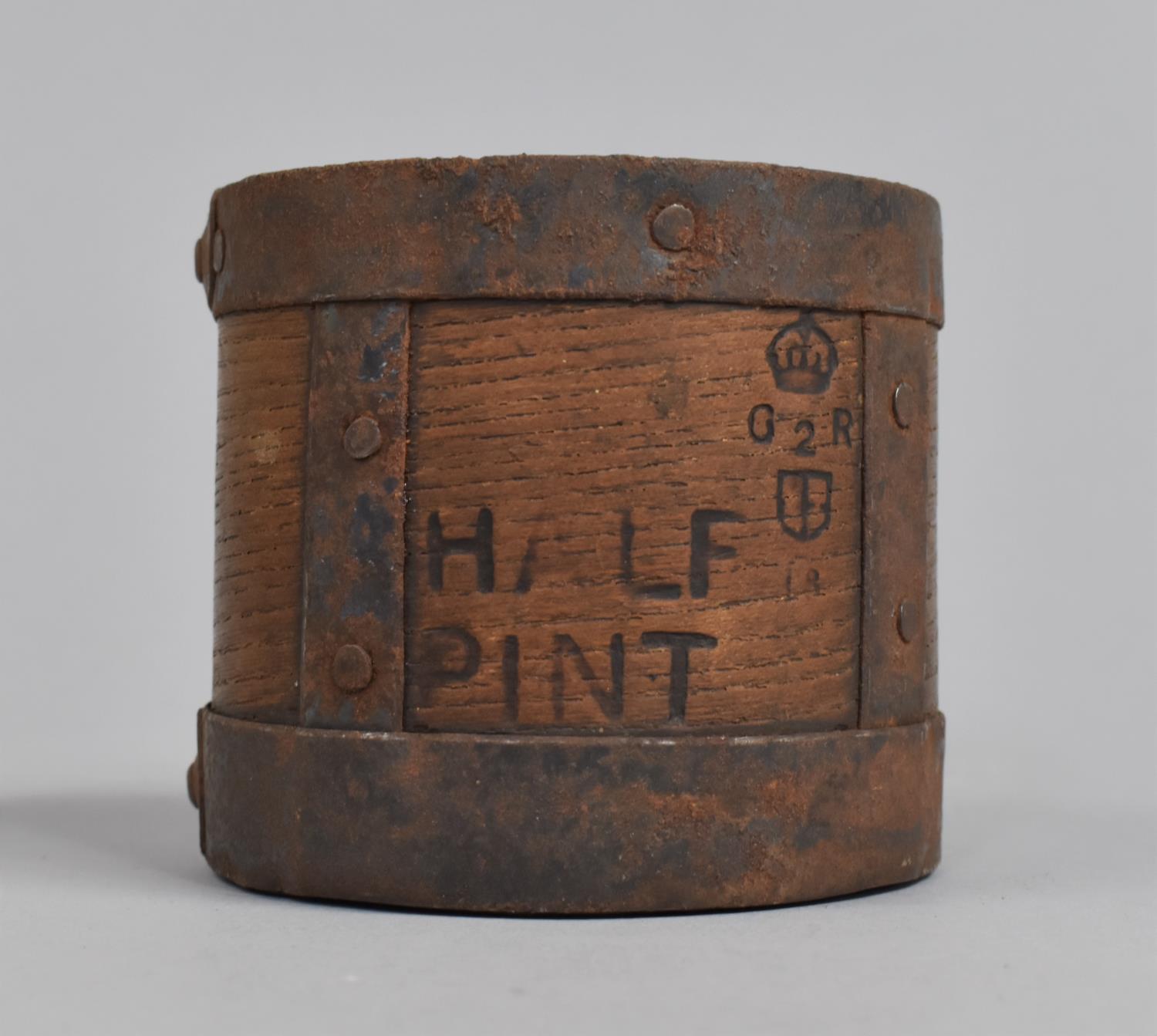 A Vintage Cylindrical Metal Banded Wooden Half Pint Measure Stamped G2R (George V, The 2 refers to