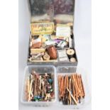 A Tin Containing Various Vintage Sewing Accessories and Items Together with a Collection of Wooden