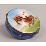 A Pretty Vintage Gilt Silver Circular Ladies Handbag Compact, Hinged Lid with Pekinese Dog, Fitted