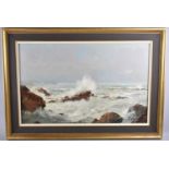 A Framed Oil on Canvas, Stormy Waves Breaking on Rocks, 67x42cm