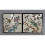 A Pair of Framed Crackle Glazed Tiles Decorated in Coloured Enamels with Birds, 25cm Square