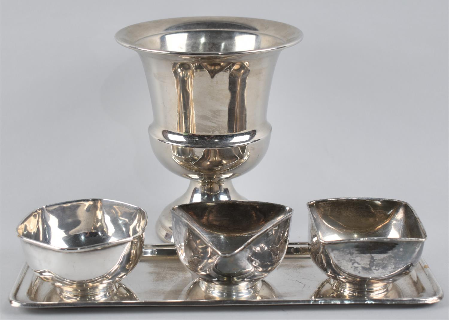 A Set of Three Silver Plated Olive and Pickle Pots with Tray by House of Fraser together with a