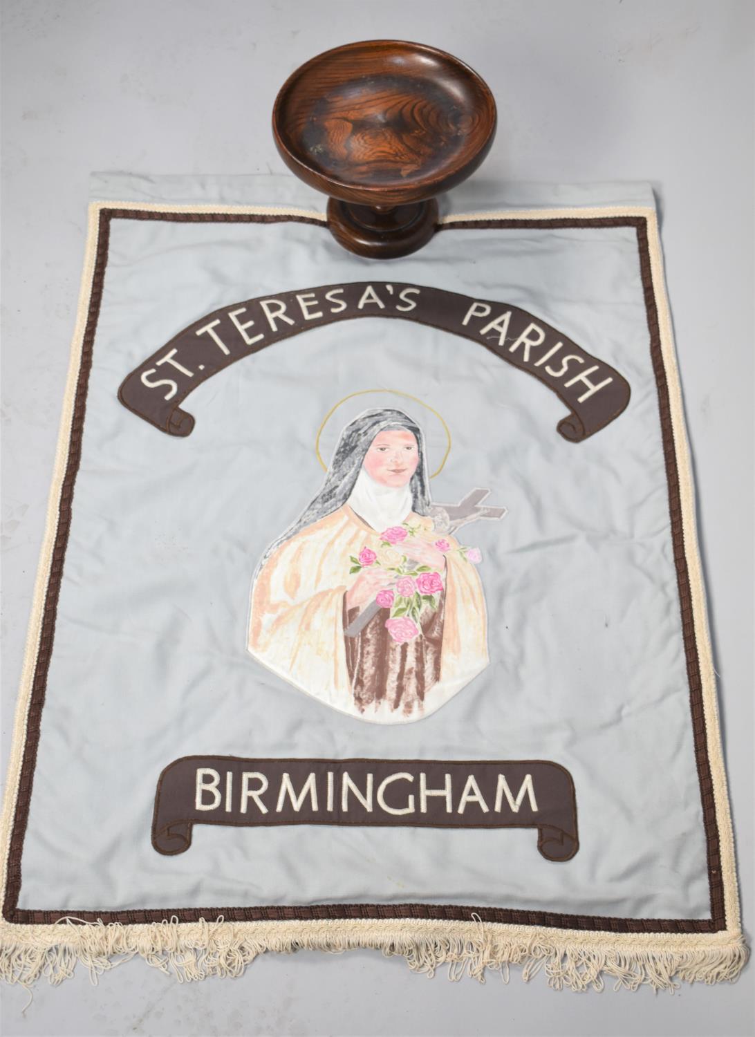 A Religious Banner for St. Teresa's Parish Birmingham, Together with a Turned Oak Fruit Bowl Which
