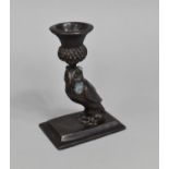 A Patinated Bronze Novelty Candlestick in the Form of an Owl, Rectangular Plinth Base Inscribed