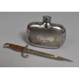A Silver Plated Hip Flask and a Novelty Letter Opener in the Form of a Bayonet, 17cms Long