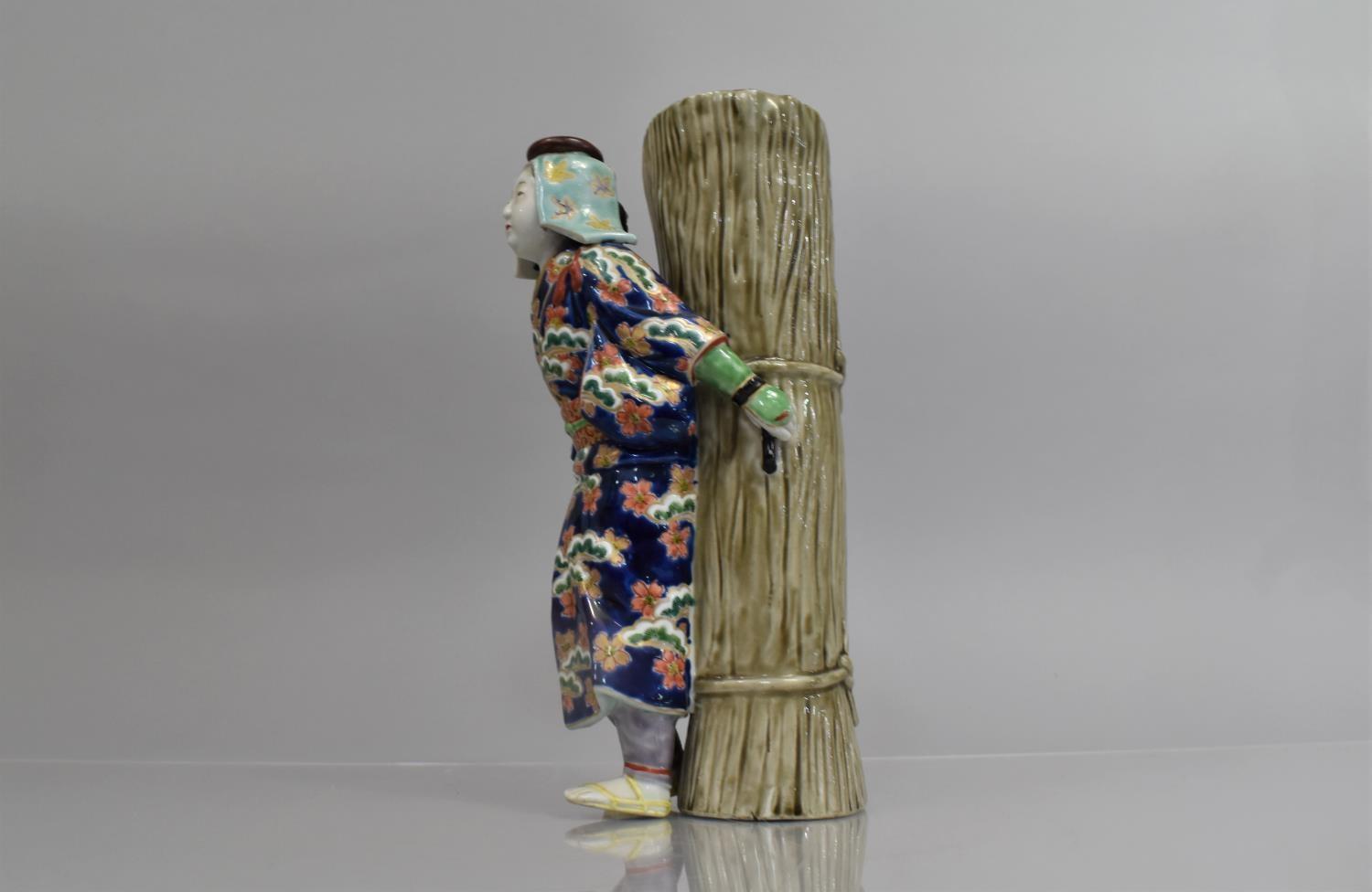 A Chinese Porcelain Figural Spill Vase Modelled as Chinese Lady Labourer Carrying Basket decorated - Image 4 of 5