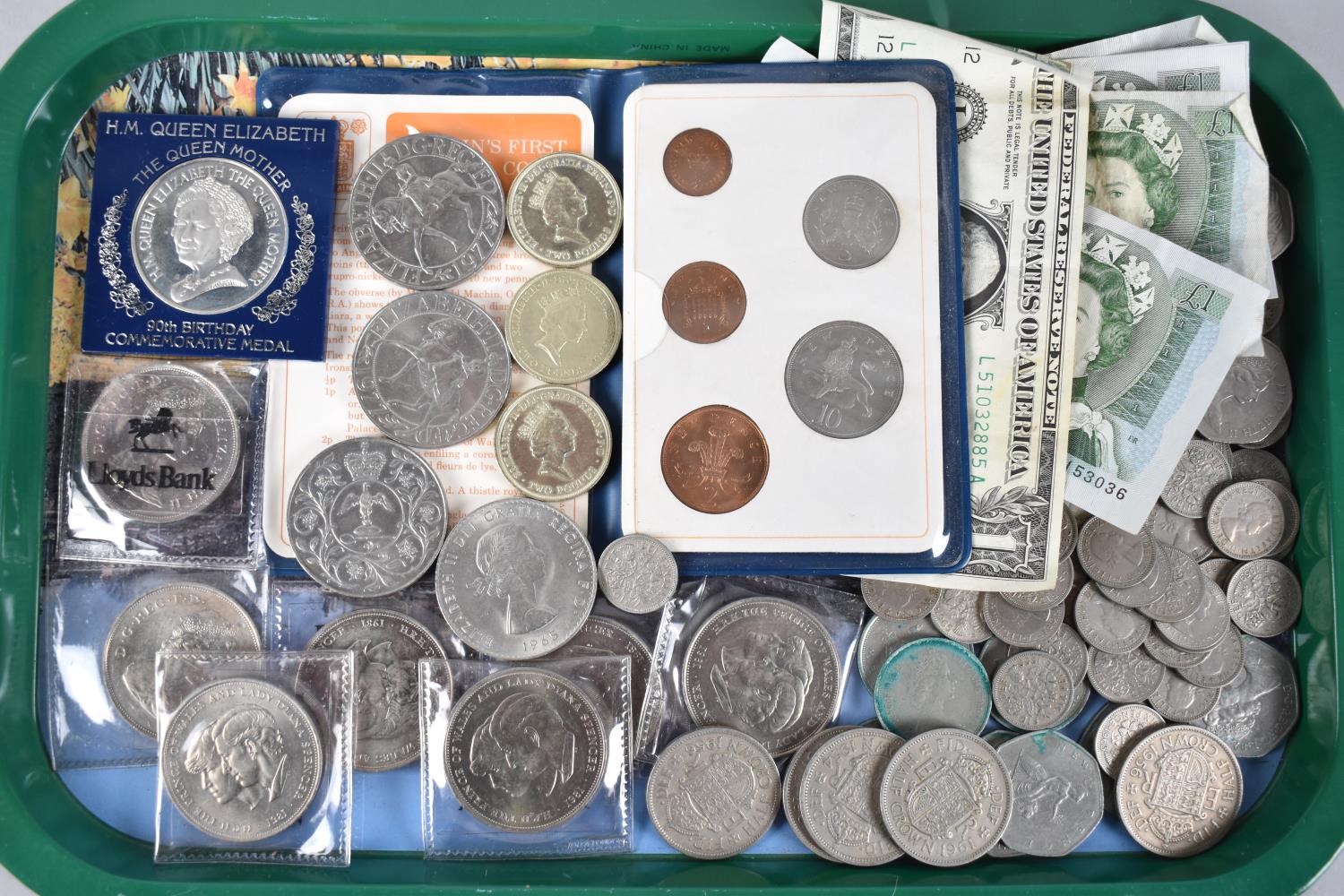 A Collection of Elizabeth II Coinage, Bank Notes and Commemerative Crowns Together with American One