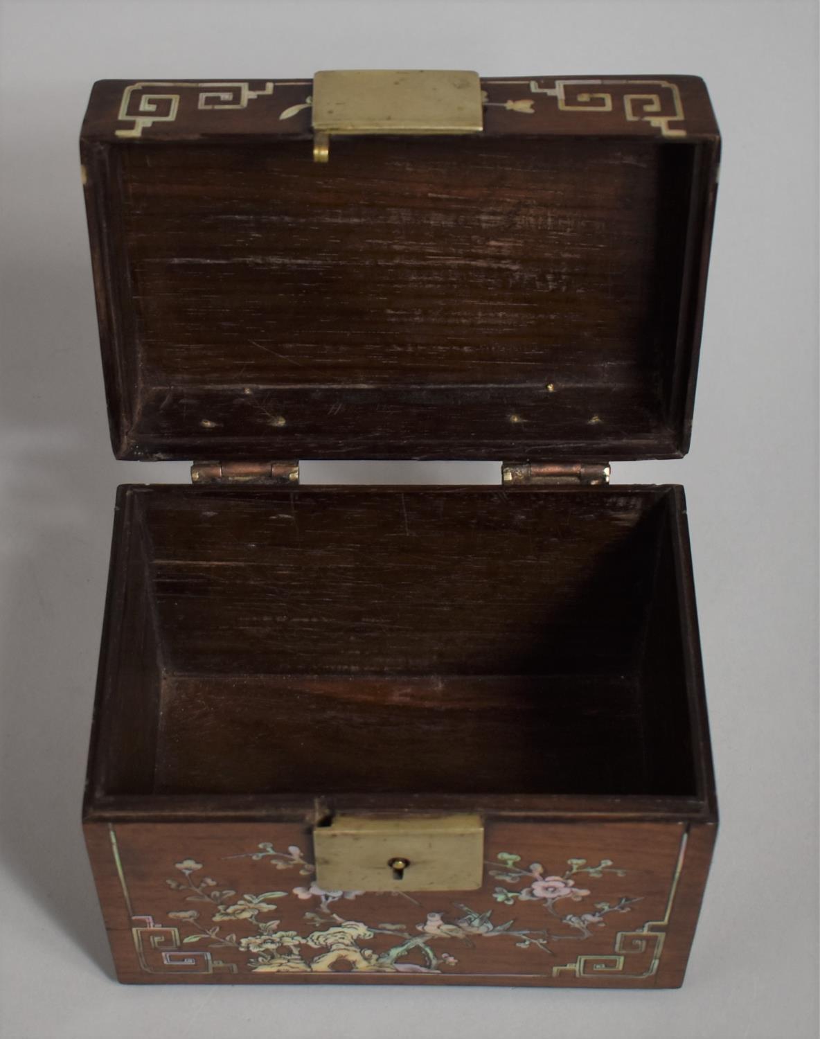 A Chinese Hardwood Mother of Pearl Inlaid Tea Caddy Box Decorated with Fauna, Native Squirrels, Bats - Image 6 of 6