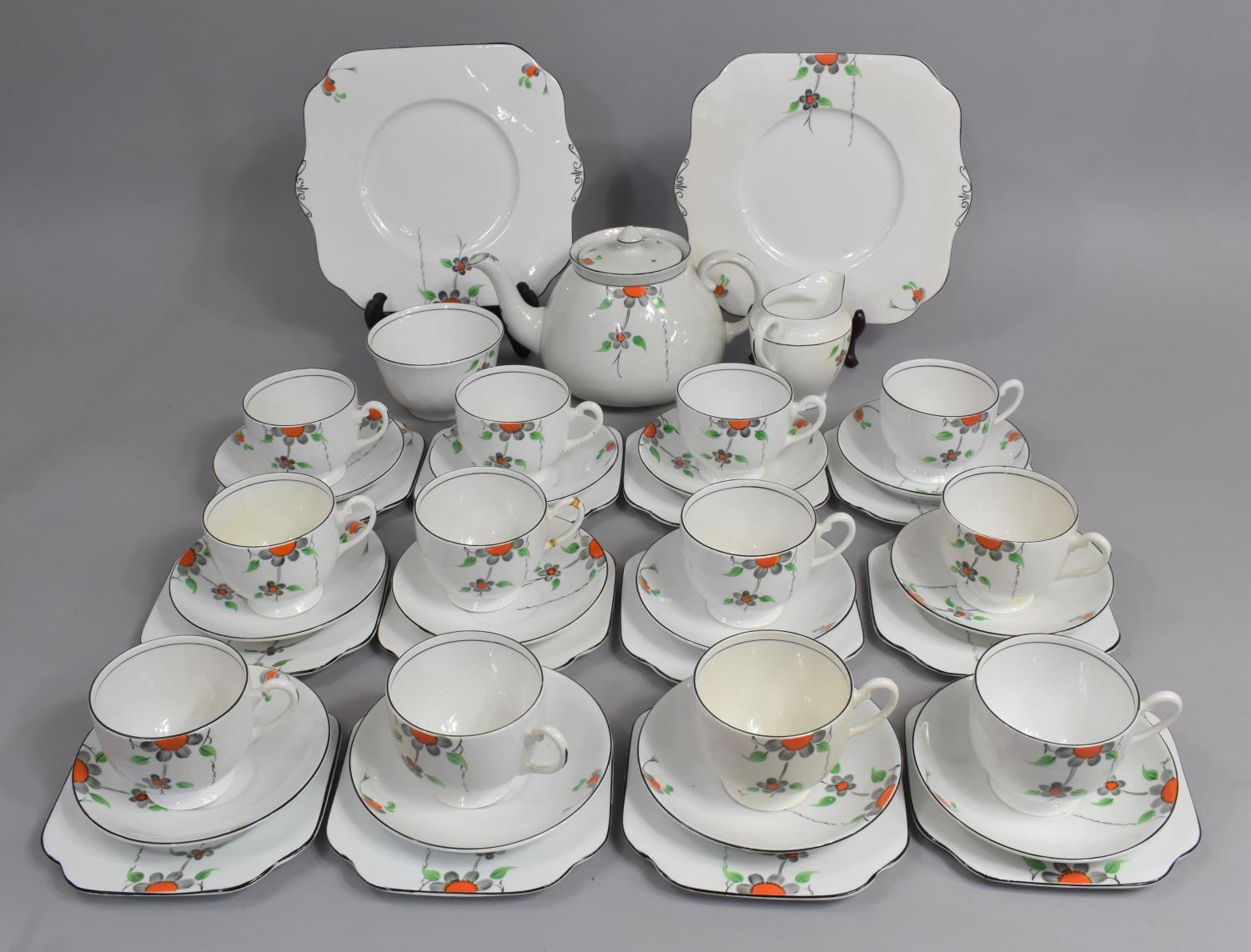 A Vale China Daisy Pattern Tea Set with Black Trim to comprise Two Cake PLates, Teapot, Sugar Bow,