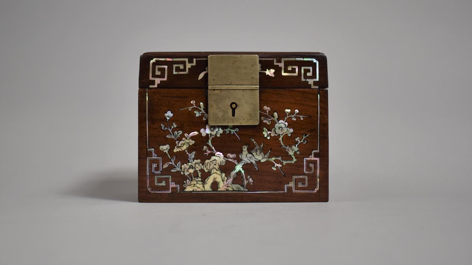 A Chinese Hardwood Mother of Pearl Inlaid Tea Caddy Box Decorated with Fauna, Native Squirrels, Bats - Image 2 of 6