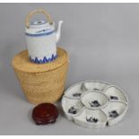 A Modern Chinese Blue and White Teapot in Wicker Box Together with a Set of Blue and White Horderves