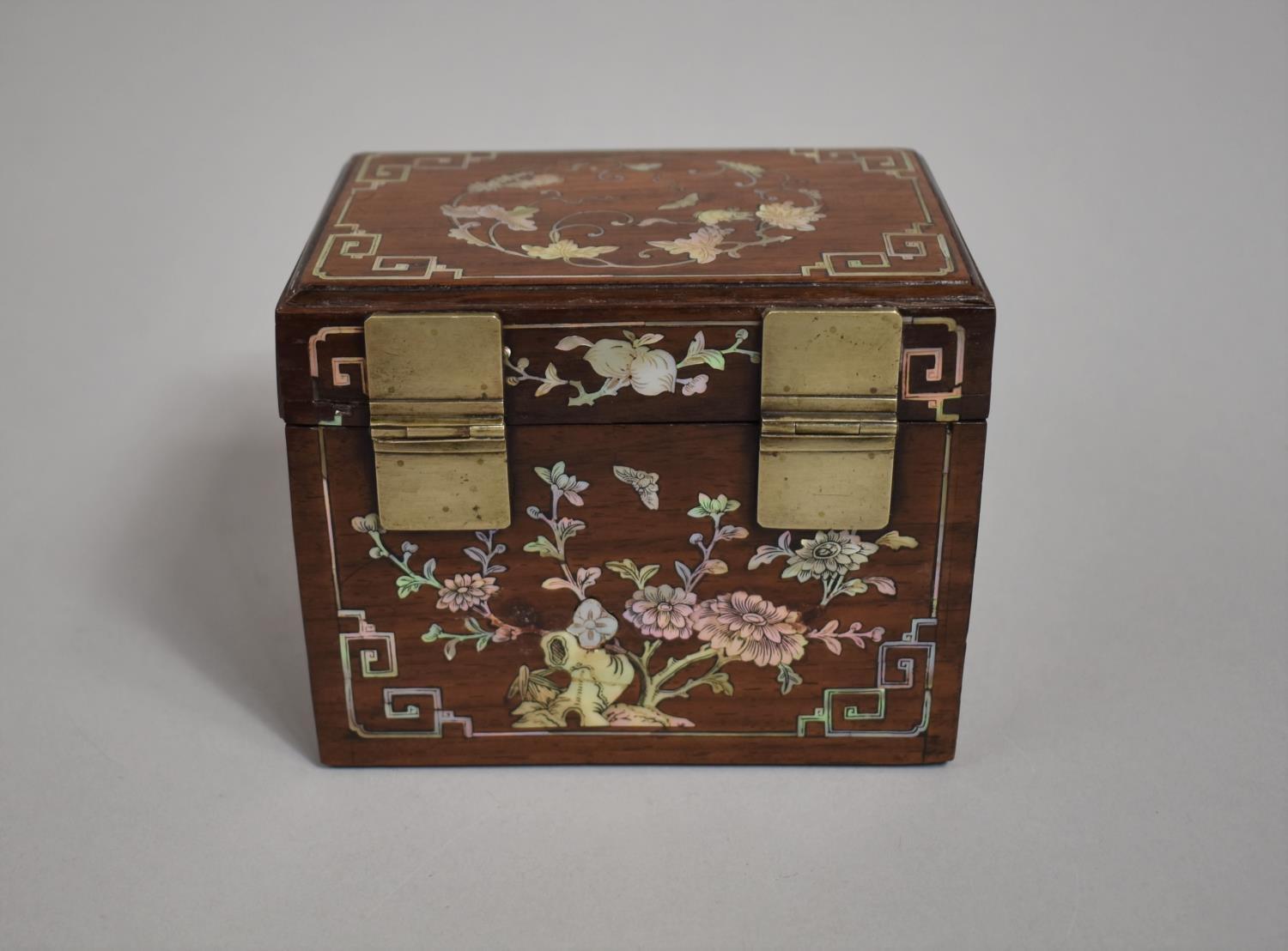 A Chinese Hardwood Mother of Pearl Inlaid Tea Caddy Box Decorated with Fauna, Native Squirrels, Bats - Image 4 of 6