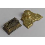 A Reproduction Brass French Style Desk Top Inkwell and a Two Division Stamp Box with Pierced