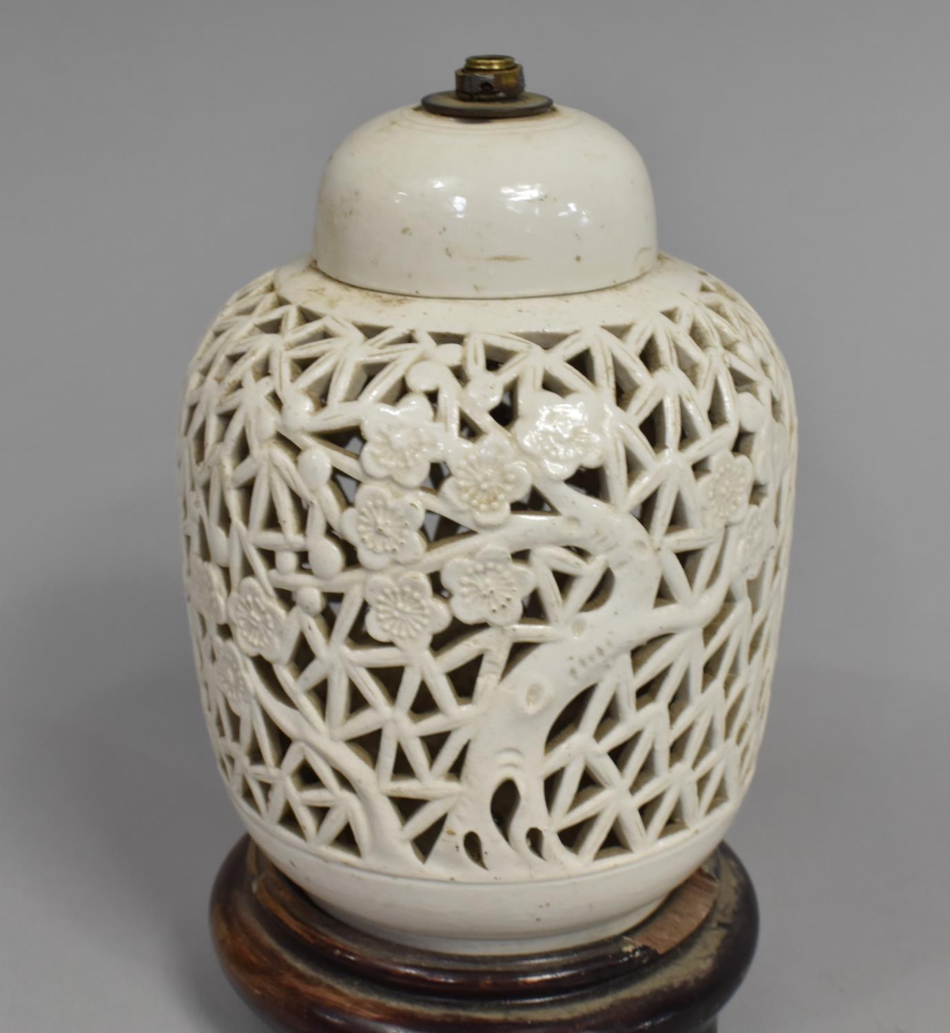 A Chinese Blanc De Chine Ginger Jar, Pierced Prunus Design, Now Converted to Table Lamp on Wooden - Image 2 of 2