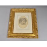 A Gilt Framed 19th Century Oval Drawing of Cherub, 24x17cms