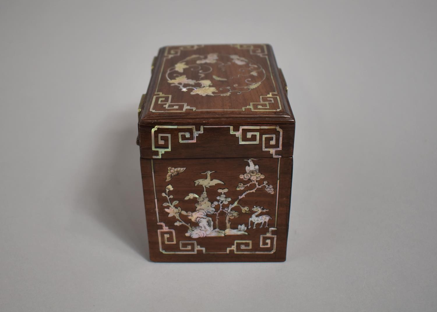 A Chinese Hardwood Mother of Pearl Inlaid Tea Caddy Box Decorated with Fauna, Native Squirrels, Bats - Image 3 of 6