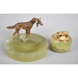 A Circular Onyx Ashtray with Cold Painted Spelter Setter with Mallard together with a Ronson