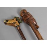 Two Modern Carved Novelty Walking Sticks, Dog's Head and Owl