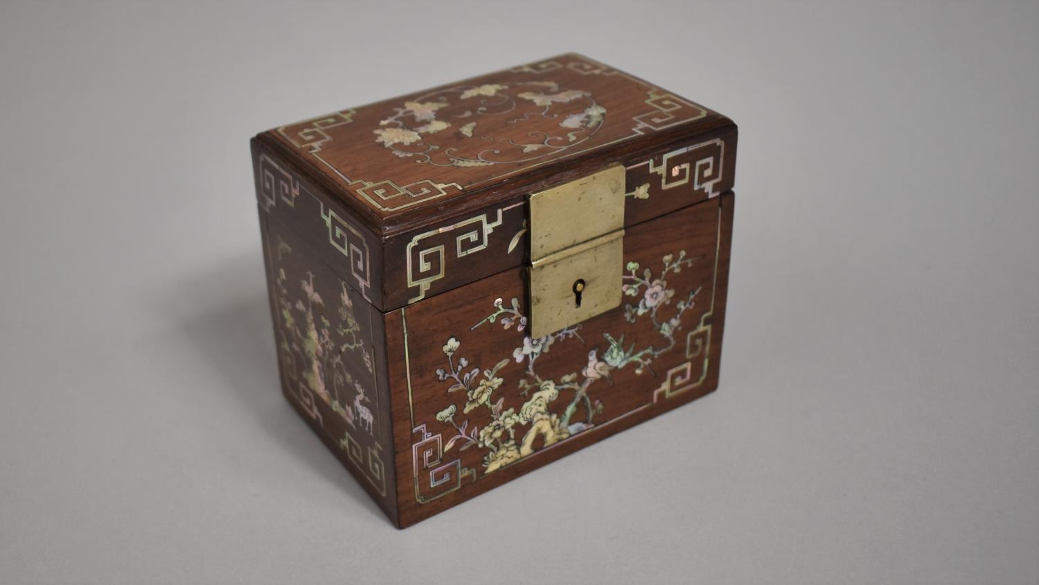 A Chinese Hardwood Mother of Pearl Inlaid Tea Caddy Box Decorated with Fauna, Native Squirrels, Bats