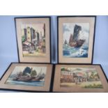 A Set of Four Oriental Framed Watercolours, Signed Ling, Each 37x27cm