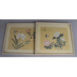 Two Framed Chinese Paintings on Silk, Butterfly and Flowers, Signed, Frames 50x43cms High