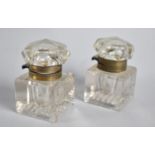 A Pair of Vintage Glass Inkwells, Probably From Writing Slope or Similar, 4.5cms Square and 7cms