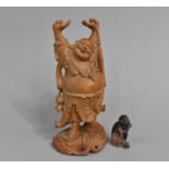 A Chinese Carved Hardwood Study of Budai in Standing Position with Hands Raised, 25cm high, Together