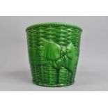 A Green Glazed Minton Jardiniere in the Form of a Wicker Basket with Ribbon Band, 23cm high