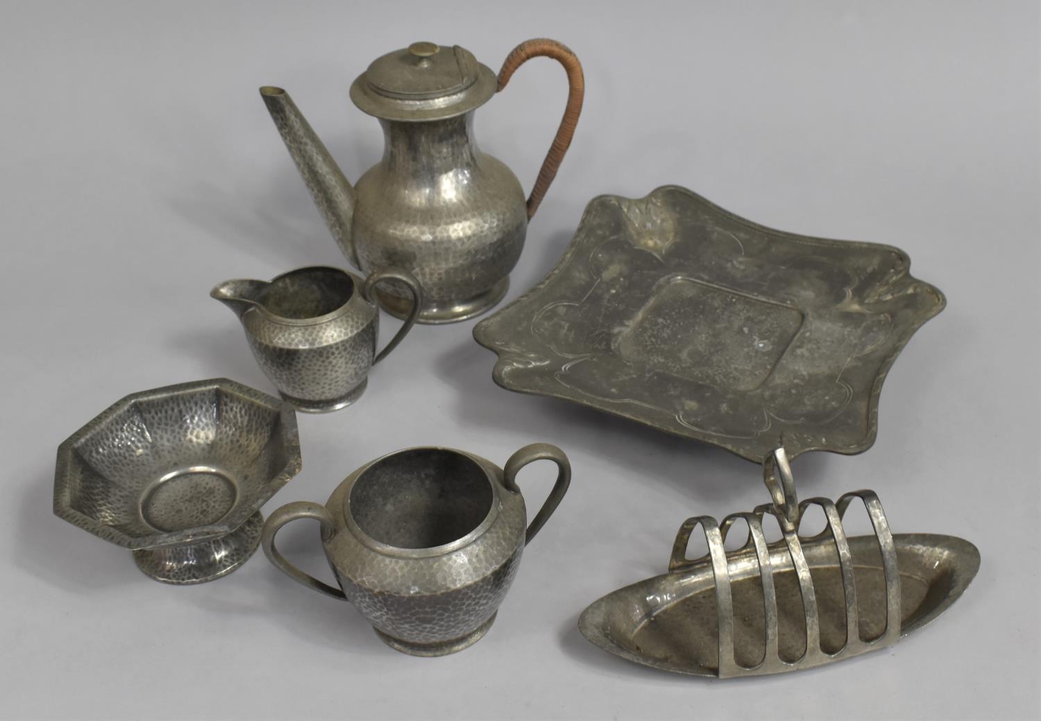 A Collection of Various Pewter to comprise Shaped Dish with Floral Trim, Canted Ends Supported on