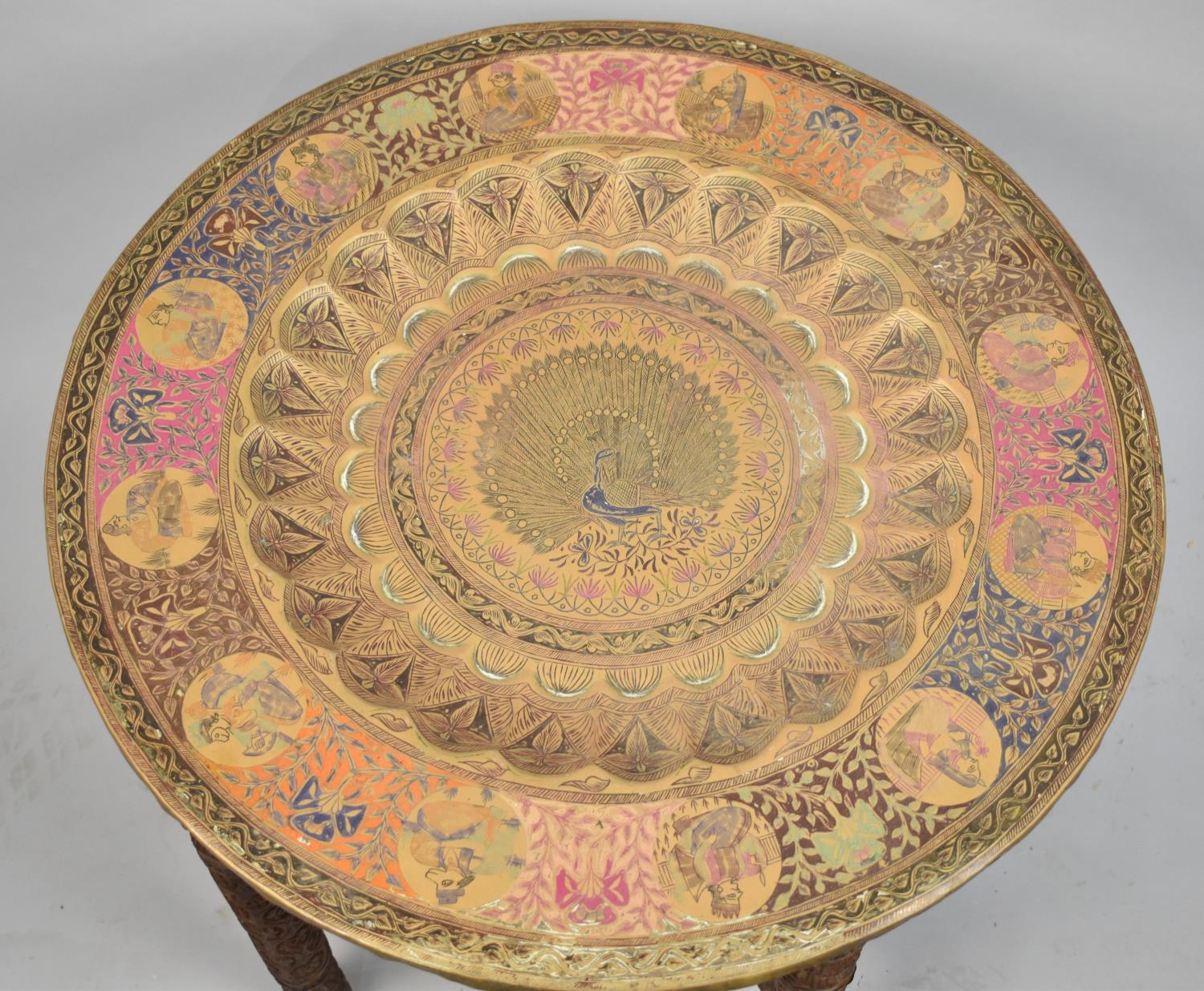 An Indian Brass Benares Tray Set on Folding Wooden Stand, 58.5cms Diameter - Image 2 of 2