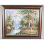 A Framed Oil on Canvas, Continental River Scene with Mountains in Background and Trees to