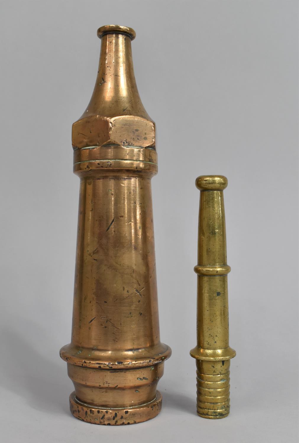 A Vintage Bronze Fire Hose Nozzle, 29cms High, together with a Brass Spray Nozzle, 17cms Long