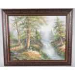 A Framed Oil on Canvas, Continental River Scene, Signed, 50x40cms