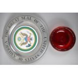 A Small Whitefriars Red Glass Bowl Together with an American Pewter and Enamel Plate, The Great Seal