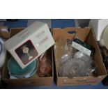 Two Boxes of Various Glassware to comprise Moulded Tazza, H.Samuel Silver Plated Candle Lamp,