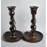 A Pair of Edwardian Oak Barley Twist Candlesticks on Turned Dish Bases, 22cms High